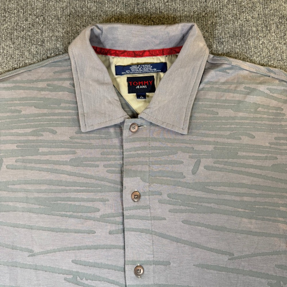 Tommy Jeans Men Large Short Sleeve Button Down Shirt Purple Burnout Stripe #4046